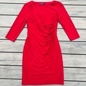 American Living; Vibrant Red; Ruched; Fitted; Midi Dress; 3-Quarter Sleeve; US8